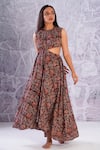 Shop_Label RaMa_Brown Cotton Hand Block Print Floral Round Side Cut-out Dress _at_Aza_Fashions