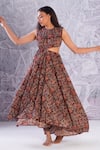 Label RaMa_Brown Cotton Hand Block Print Floral Round Side Cut-out Dress _Online_at_Aza_Fashions