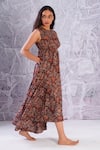 Shop_Label RaMa_Brown Cotton Hand Block Print Floral Round Side Cut-out Dress _Online_at_Aza_Fashions