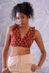 Buy_Label RaMa_Red Cotton Hand Block Print Floral V Neck In The Light Crop Top _at_Aza_Fashions