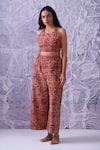 Buy_Label RaMa_Red Cotton Hand Block Print Geometric Round Crop Top And Pant Co-ord Set _Online_at_Aza_Fashions