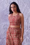 Shop_Label RaMa_Red Cotton Hand Block Print Geometric Round Crop Top And Pant Co-ord Set _Online_at_Aza_Fashions