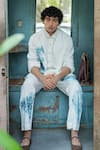 Shop_Jatin Malik_Ivory Knit Linen Hand Paint Sponge Ink Overshirt With Pant _at_Aza_Fashions