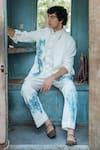 Shop_Jatin Malik_Ivory Knit Linen Hand Paint Sponge Ink Overshirt With Pant _Online_at_Aza_Fashions