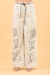 Shop_Samyukta Singhania_Off White 100% Linen Embroidery Thread Flared Pant _Online_at_Aza_Fashions