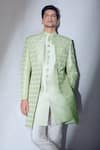 Alaya Advani_Green Slub Silk Embroidered Thread Sherwani Jacket Kurta Set _at_Aza_Fashions