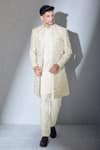 Buy_Alaya Advani_Cream Slub Silk Embroidered Thread Sherwani Jacket Kurta Set _at_Aza_Fashions