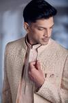 Alaya Advani_Peach Jacket And Kurta Slub Silk Embroidered Thread Geometric Sherwani Set _Online_at_Aza_Fashions