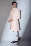 Buy_Alaya Advani_Peach Jacket And Kurta Slub Silk Embroidered Thread Geometric Sherwani Set _Online_at_Aza_Fashions