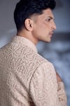 Alaya Advani_Peach Jacket And Kurta Slub Silk Embroidered Thread Geometric Sherwani Set _at_Aza_Fashions