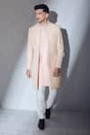 Shop_Alaya Advani_Peach Jacket And Kurta Slub Silk Embroidered Thread Geometric Sherwani Set 