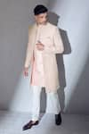 Alaya Advani_Peach Jacket And Kurta Slub Silk Embroidered Thread Geometric Sherwani Set _Online