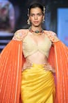 Shop_Anu Pellakuru_Orange Raw Silk Embroidered Beads Cape Open Resham Floral Draped Skirt Set 