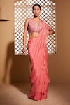 Buy_Muditaa By Urmila_Pink Chiffon Hand Embroidery Floral Plunge V Ridah Bloue With Pre-draped Saree _at_Aza_Fashions