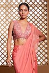 Muditaa By Urmila_Pink Chiffon Hand Embroidery Floral Plunge V Ridah Bloue With Pre-draped Saree _at_Aza_Fashions