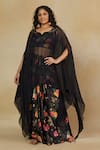 Buy_Mamicha_Black California Satin Printed Floral Embroidered Neck Cape Top With Skirt _at_Aza_Fashions