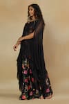 Mamicha_Black California Satin Printed Floral Embroidered Neck Cape Top With Skirt _Online_at_Aza_Fashions