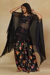 Mamicha_Black California Satin Printed Floral Embroidered Neck Cape Top With Skirt _at_Aza_Fashions