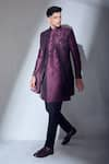 Alaya Advani_Wine Jacket And Kurta Slub Silk Embroidered Thread Floral Sherwani Set _Online_at_Aza_Fashions