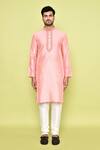 Buy_Arihant Rai Sinha_Pink Silk, Cotton Embroidery Threadwork Placket Kurta With Churidar _Online_at_Aza_Fashions