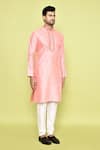 Buy_Arihant Rai Sinha_Pink Silk, Cotton Embroidery Threadwork Placket Kurta With Churidar 