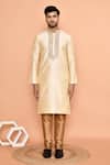 Buy_Arihant Rai Sinha_Beige Silk, Denim Embroidery Floral Threadwork Kurta With Churidar _Online_at_Aza_Fashions