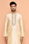 Shop_Arihant Rai Sinha_Beige Silk, Denim Embroidery Floral Threadwork Kurta With Churidar _Online_at_Aza_Fashions