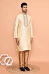 Buy_Arihant Rai Sinha_Beige Silk, Denim Embroidery Floral Threadwork Kurta With Churidar 
