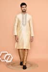 Shop_Arihant Rai Sinha_Beige Silk, Denim Embroidery Floral Threadwork Kurta With Churidar 