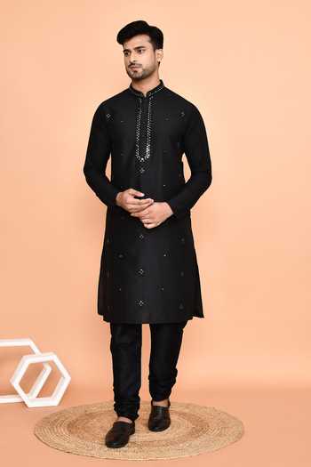 Buy_Arihant Rai Sinha_Black Silk Mirrors Embellished Kurta With Churidar _at_Aza_Fashions
