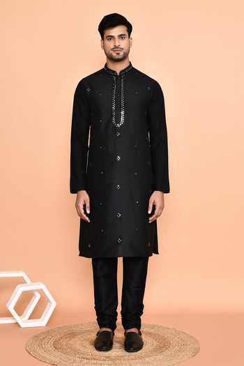 Buy_Arihant Rai Sinha_Black Silk Mirrors Embellished Kurta With Churidar _Online_at_Aza_Fashions