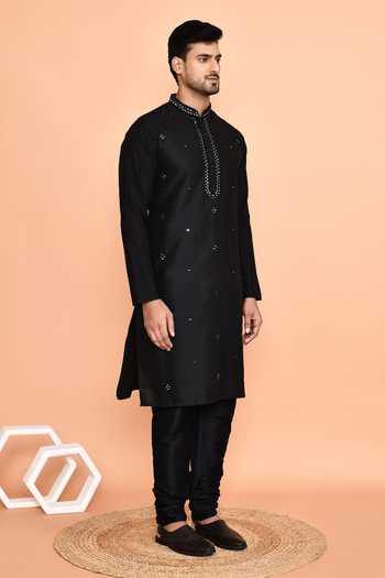 Arihant Rai Sinha_Black Silk Mirrors Embellished Kurta With Churidar _at_Aza_Fashions