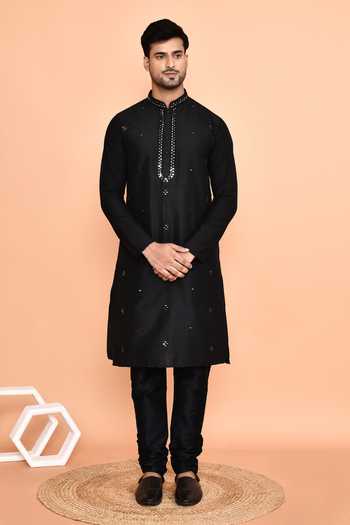 Buy_Arihant Rai Sinha_Black Silk Mirrors Embellished Kurta With Churidar 