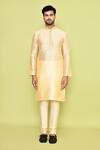 Buy_Arihant Rai Sinha_Beige Silk, Denim Floral Print Placket Kurta With Churidar _Online_at_Aza_Fashions