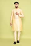 Buy_Arihant Rai Sinha_Beige Silk, Denim Floral Print Placket Kurta With Churidar 