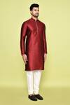 Arihant Rai Sinha_Maroon Silk Plain Kurta With Churidar _at_Aza_Fashions