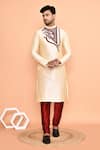 Buy_Arihant Rai Sinha_Beige Silk, Denim Embroidery Paisley Bloom Kurta With Churidar _at_Aza_Fashions