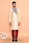 Shop_Arihant Rai Sinha_Beige Silk, Denim Embroidery Paisley Bloom Kurta With Churidar _Online_at_Aza_Fashions