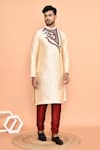 Buy_Arihant Rai Sinha_Beige Silk, Denim Embroidery Paisley Bloom Kurta With Churidar 