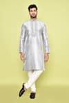 Buy_Arihant Rai Sinha_Grey Silk, Denim Embroidery Crest Bloom Placket Kurta With Churidar _at_Aza_Fashions