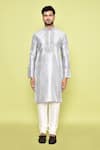 Shop_Arihant Rai Sinha_Grey Silk, Denim Embroidery Crest Bloom Placket Kurta With Churidar _Online_at_Aza_Fashions