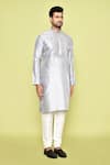 Arihant Rai Sinha_Grey Silk, Denim Embroidery Crest Bloom Placket Kurta With Churidar _at_Aza_Fashions
