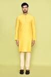 Shop_Arihant Rai Sinha_Yellow Silk Mirrors Floweret Embroidered Kurta With Churidar _Online_at_Aza_Fashions