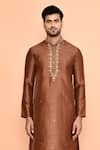 Shop_Arihant Rai Sinha_Brown Dupion Embroidery Wildbloom Mirror Kurta With Churidar _Online_at_Aza_Fashions