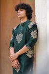 Kudrat Couture_Green Silk Floral Rama Pattern Straight Kurta _Online_at_Aza_Fashions