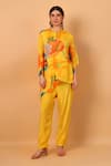 Shop_SAYISHA_Yellow Chinon Printed Floral Band Collar Embroidered Tunic And Pant Set _Online_at_Aza_Fashions