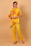 SAYISHA_Yellow Chinon Printed Floral Band Collar Embroidered Tunic And Pant Set _at_Aza_Fashions