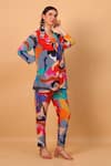 Buy_SAYISHA_Multi Color Crepe Printed Abstract Lapel Collar Top And Pant Set 