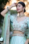 house of mithi kalra_Green Satin Embroidered Beads V-neck Zardozi Ombre Lehenga Set _Online_at_Aza_Fashions