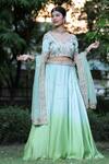 Buy_house of mithi kalra_Green Satin Embroidered Beads V-neck Zardozi Ombre Lehenga Set _at_Aza_Fashions